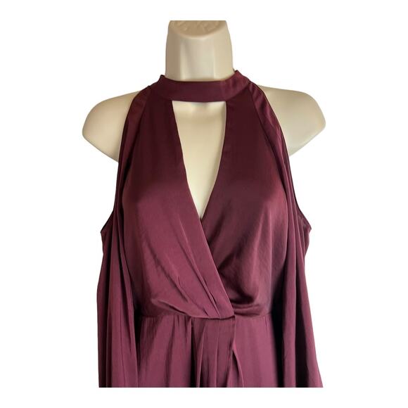 Lush NWOT Burgundy Satin Jumpsuit Cold Shoulder S Small Shorts Overskirt - Picture 5 of 9
